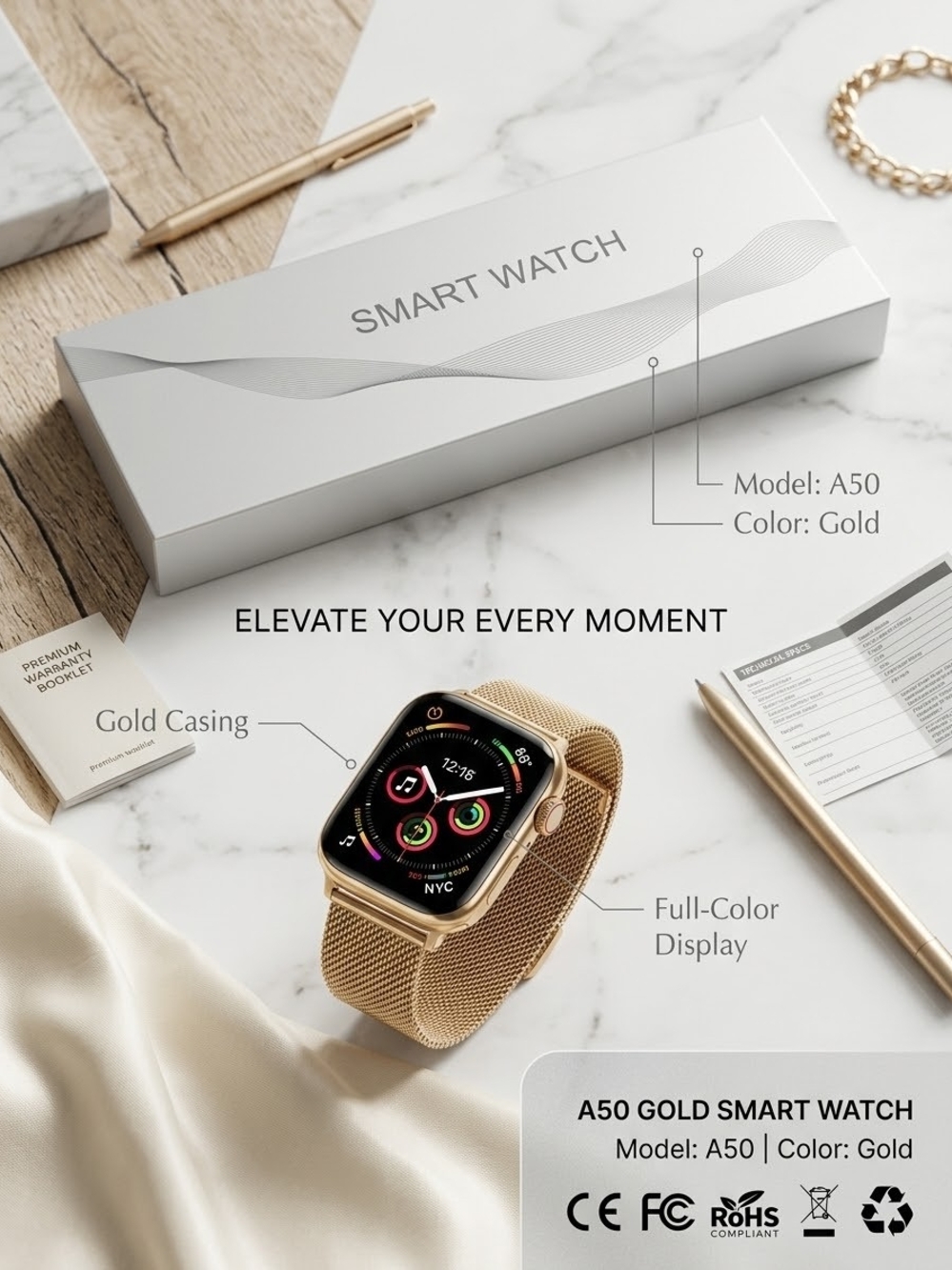 Smart Watch Model A50 Gold Color Band Full Display Fitness Tracker New in Box